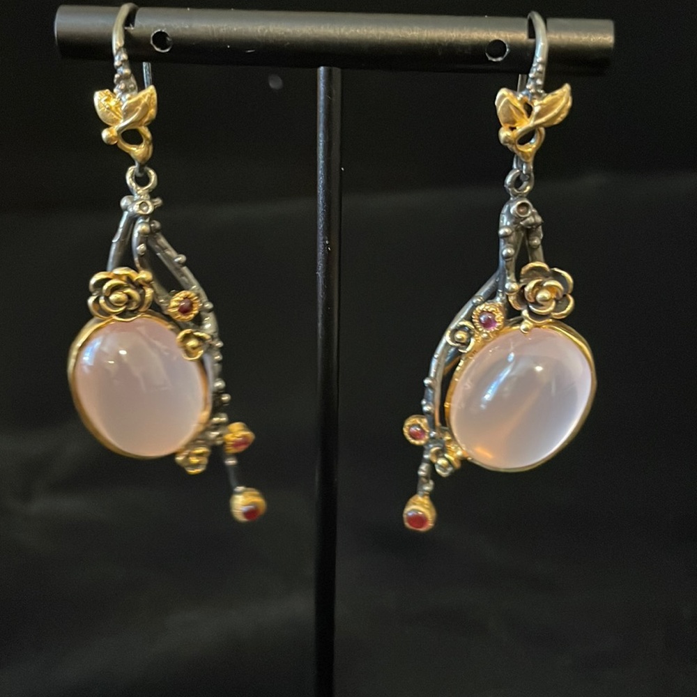 Silver and gold accent rose quartz earrings ruby accents